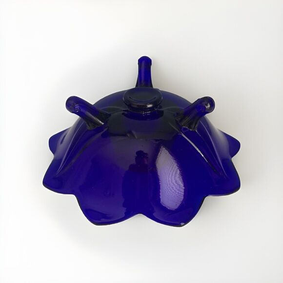 Fenton Cobalt Blue Glass Lotus Candlestick Holder Flower Vintage Home Decor - Picture 4 of 10